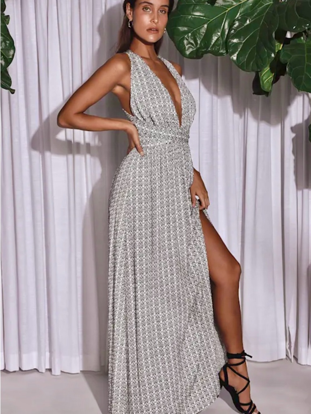 Lulu's Black and White Plunging Maxi Dress with High Slit
